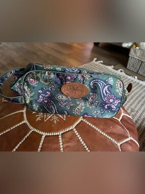 Vintage Lacrosse Green Navy Paisley Cosmetic Wristlet with Leather Logo